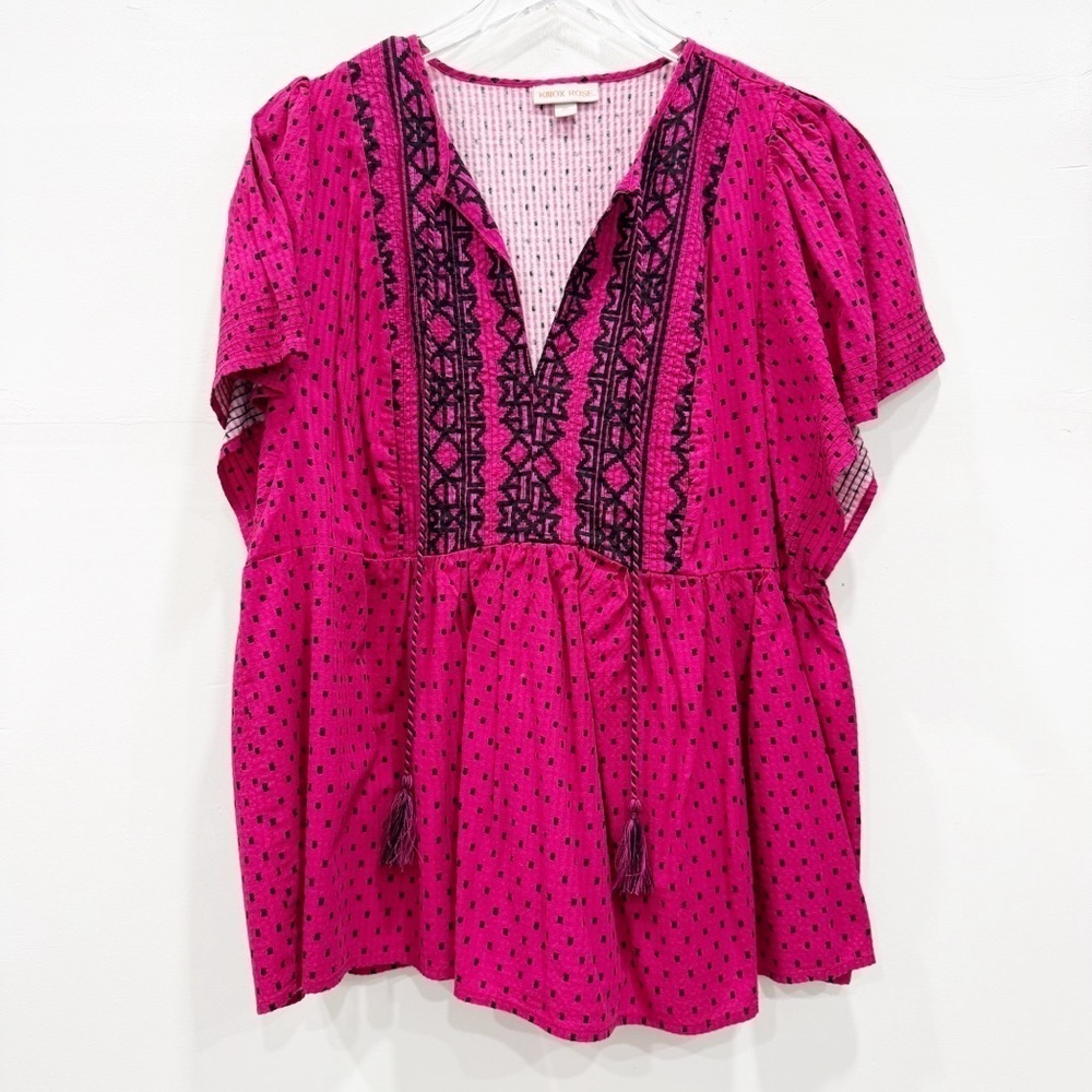 Knox Rose V Neck Tie Collar Front Flutter Sleeve Top Short Sleeve XXL Raspberry
